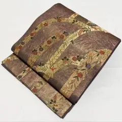 花々模様 金糸 引箔 小豆色 正絹 六通 袋帯 フォーマル O122