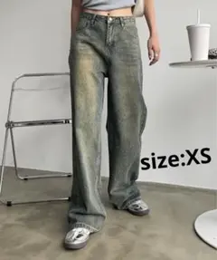 (即納)オーロララインストーン付きヴィンテージルーズデニムパンツ XS