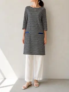 美品 STRAWBERRY-FIELDS ワンピース ボーダー 七分袖 白のサムネイル
