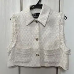 【ZARA】アイボリー ツイード フリンジ ベスト