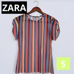 【ZARA】Sサイズストライプ 半袖シャツ カラフル レインボー　シアー