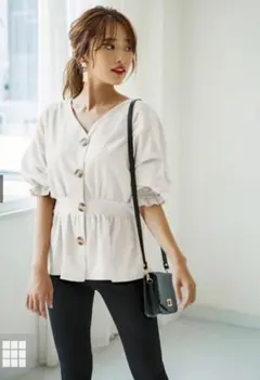 新品 Vネックウエストマークブラウス オフホワイト F