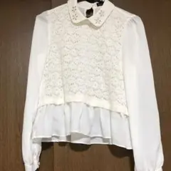 ブラウス シャツ 長袖 トップス 白 ホワイト レース 花 ビジュー 花柄