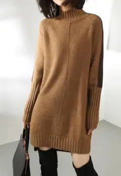 L 暖かカシミヤ90％★袖配色ハイネックニットチュニックワンピ♪キャメルL