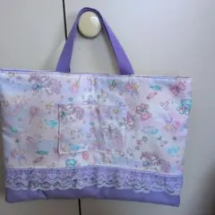 フリフリレースのラベンダー色トートバッグ