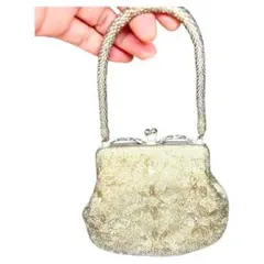 【ヴィンテージ品】花柄刺繍 ゴールド ビーズバッグ　和装小物　パーティーバッグ