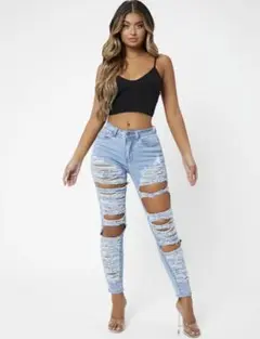 SHEIN ライトウォッシュ　スキニージーンズ　ダメージ　デニム　ベビーブルー