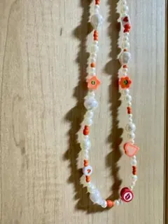 デコレーションパールビーズネックレス ホワイト&オレンジ