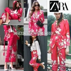 新品 レア セットアップ ZARA サテン ピンク フラワー 花柄 模様 総柄