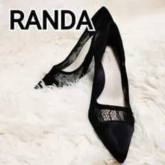 ランダ レース パンプス ポインテッドトゥ ピンヒール 黒 グリッター ラメ