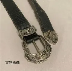 セール★ベルト クロコダイル ウエスタン シルバー ブラック 古着 レザー 黒