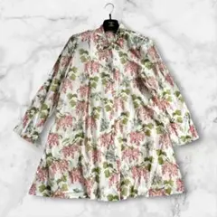 【美品】モレ　花柄総柄　長袖ブラウス　チュニック丈　金ボタン　ボタニカル