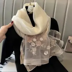 花柄金糸刺繍 大判ストール ベージュ シフォン 薄手 シルク40%　ウール60%