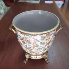 花柄陶器花器 金属脚付き 中型