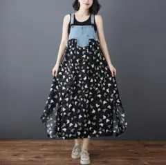 ジャンパースカート　ロングワンピース　サロペットスカート　Aライン　ゆったり