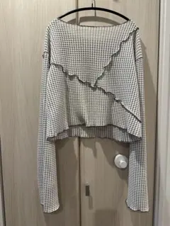 チェック柄フリル長袖トップス