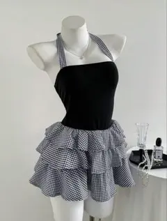 SHEIN チェック柄 ホルダーネックワンピース