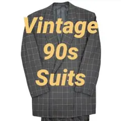 90s/Vintage/ダブル/スーツ/ウィンドウペン/3タック/ワイド/黒