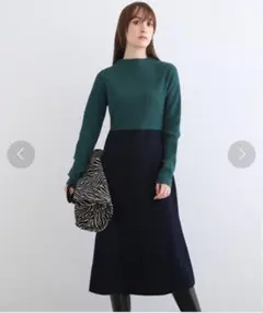 INDIVI ニットワンピース 切替 切り替え グリーン 緑 長袖