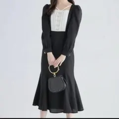 パール飾り釦付きヨーク切り替え配色ワンピース