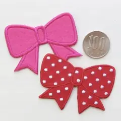 【2種セット】リボン 刺繍 アイロン ワッペン アップリケ ピンク ドット柄
