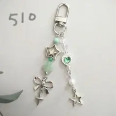 再販【No.510】ビーズキーホルダー/グリーン系四つ葉、☆、♡、リボン