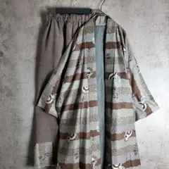 着物リメイク 紬 古布 セットアップ ワイドパンツ 和柄 一点物 古着 