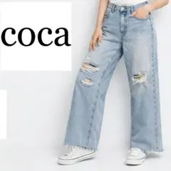 coca コカ ダメージ ワイドデニム ライトブルー ハイウエスト フリンジ裾