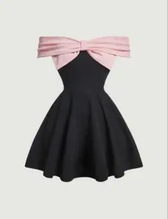 オフショルダーリボン付きフレアドレス ピンク ワンピース ノースリーブ