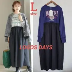 ロゴスデイズ 布帛切り替え 異素材 ドロスト ドッキングワンピース L