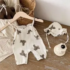 【新品】80cm　総柄くまちゃんキャミロンパース　帽子セット　韓国ベビー服