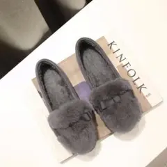 レディース パンプス もこもこ ファー グレー■