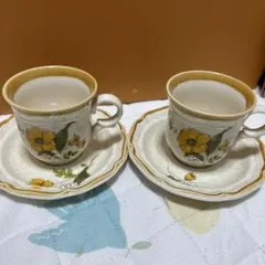 美品mikasaミカサ　花柄カップ&ソーサー2個セット　ペア　黄色ビンテージ