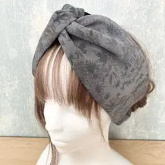 和風クロスターバン(幅広)　着物リメイク　編み込みターバン　ヘアバンド　グレー