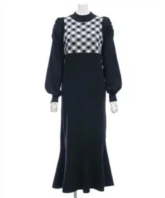 チェック柄フリル袖ニットロングワンピース