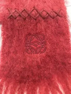 LOEWE アナグラム刺繍 モヘヤ フリンジマフラー　朱色