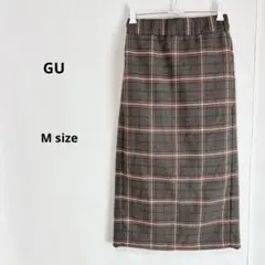 GU ジーユー　チェック柄ナロースカート　M ミディ丈　ブラウン　ウエストゴム