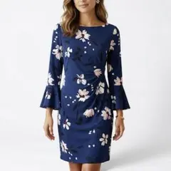 【美品】ローレンラルフローレン 花柄　ストレッチ　ワンピース ドレス　長袖　紺
