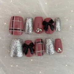 【No.002】ピンク＆シルバー 手作りネイルチップ ショートバレリーナ