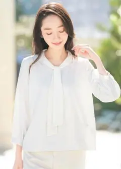 新品■ボウタイ8分袖ブラウス■11号/オフホワイト/セレモニー/入園式/入学式