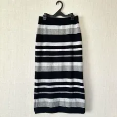 マルチボーダー柄ロングタイトニットスカート/スリットあり/白×黒×グレー/秋冬
