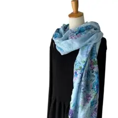 SLOANEY シルク混　大判ストール　水色　お花柄