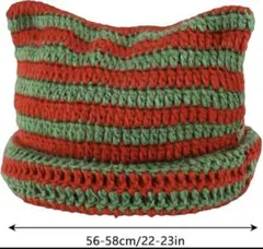 赤と緑のストライプ ニット帽 猫耳デザイン　56-58cm