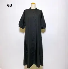 GU バンドカラーシャツワンピース パフスリーブ ブラック S