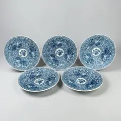 【 美濃焼 前畑陶器 角福 染付 蛸唐草 山水文 大皿揃 5客 美品 】