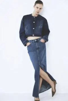 H&M ダークデニム クロップドジャケット スカートセットアップ