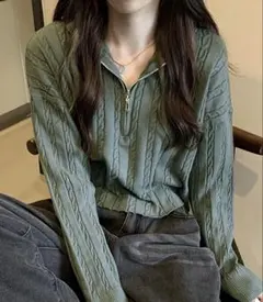 GirlyDoll ハーフジップケーブルニット グリーン FreeSizeのサムネイル