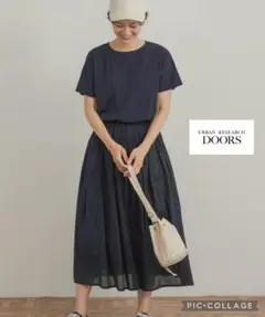 アーバンリサーチ　コットンボイル ドッキング ギャザー ワンピース　ネイビー