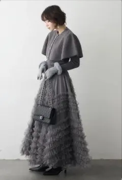 ミックス釦ケープ2wayニット+スフレアシメチュールSK　Frene同型