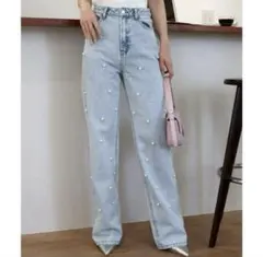 ROYAL PARTY ストレートデニム　パール付き　アイスブルー